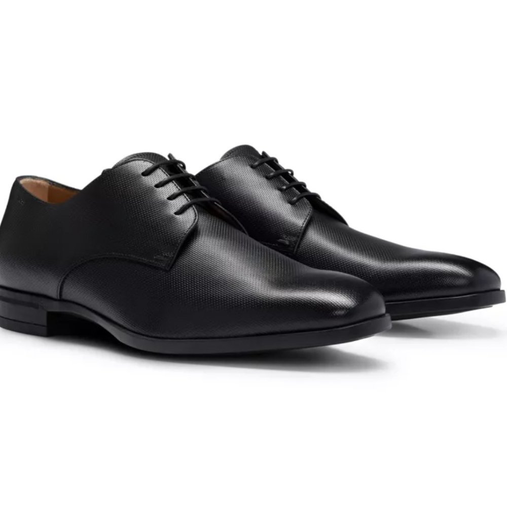 Hugo Boss Mens Black Textured Leather Made in Italy Derby Dress Shoes 10